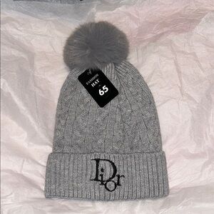 Grey Dior Cable Knit Beanie With Pom Fleece Lined